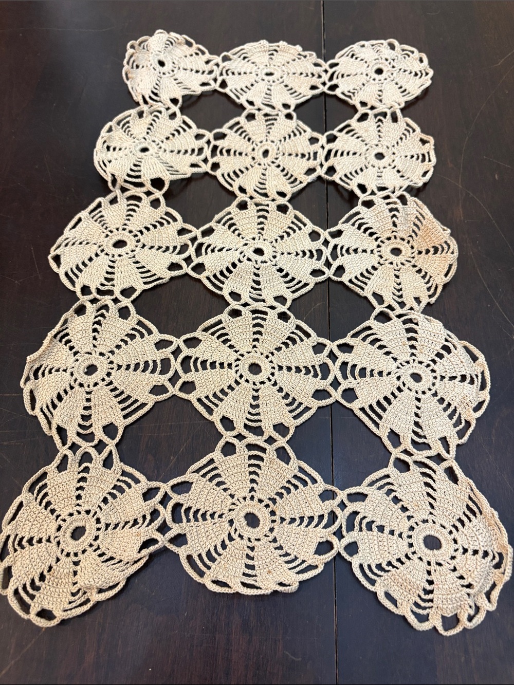 Vintage Handmade Crochet Table Runner in Taupe